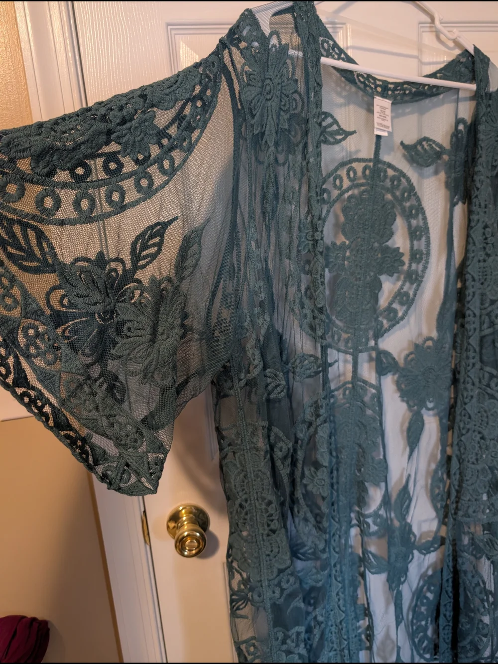 Sheer Lace Crochet Kimono/Bathing suit Coverup- Teal Green - Picture 2 of 3